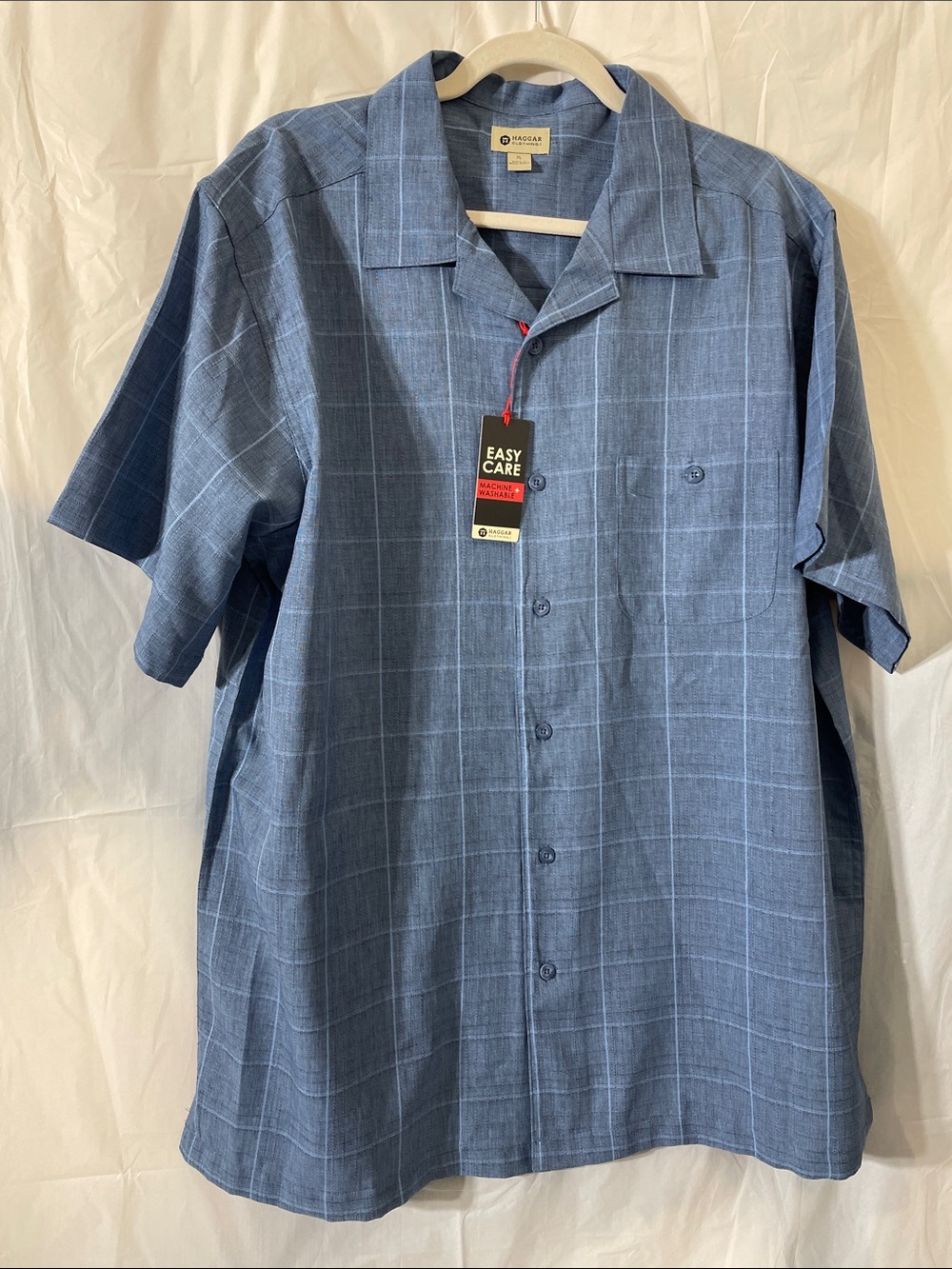 Haggar Blue Short-Sleeve Windowpane Button-Down Shirt